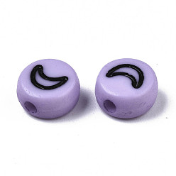 Lilac Opaque Acrylic Beads, with Enamel, Flat Round with Heart & Star & Moon & Flower, Lilac, 7x4mm, Hole: 1.5mm, about 3670pcs/500g