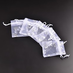 White Gift Package Organza Bags, Rectangle with Butterfly Pattern, White, 9x7cm
