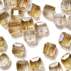 Goldenrod Electorplated Glass Beads, Rainbow Plated, Faceted, Cube, Goldenrod, 10~11x10~11x10~11mm, Hole: 1mm