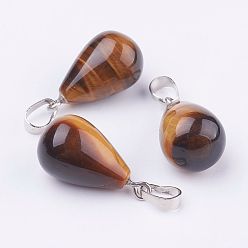 Tiger Eye Natural Tiger Eye Pendants, with Platinum Tone Brass Findings, Drop, 24~24.5x14mm, Hole: 5x7mm