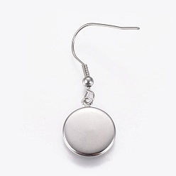 Stainless Steel Color Stainless Steel Dangle Earrings, Cabochon Settings, Flat Round, Stainless Steel Color, Tray: 12mm, Pendant: 16.5x13.5x2mm, 36.5mm, 21 Gauge, Pin: 0.7mm