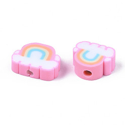 Pink Handmade Polymer Clay Beads, Rainbow & Cloud, Pink, 8.5~10.5x10~12.5x4~5mm, Hole: 1.8mm