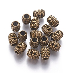 Antique Bronze Tibetan Style Alloy Beads, Cadmium Free & Lead Free, Barrel with Flower, Antique Bronze, 8.5x10.5mm, Hole: 4.5mm
