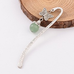 Mixed Stone Antique Silver Plated Alloy Butterfly Bookmarks, with Natural Gemstone Beads, 84x17mm