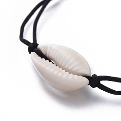 Black Adjustable Nylon Thread Braided Bead Bracelets, with Natural Cowrie Shell Beads, Black, 32.1cm