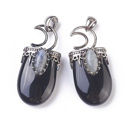 Obsidienne Pendentifs en obsidienne noire naturelles, avec les accessoires en laiton, ovale, argent antique, 44~46x20~21x16~17mm, Trou: 5x7mm