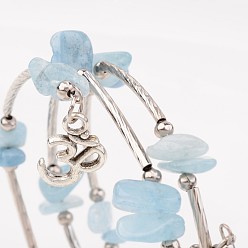 Aigue-marine Trois boucles turquoises naturelles bracelets d'emballage perles, avec des perles tubulaires en laiton et des pendentifs symbole om de style tibétain, 55mm