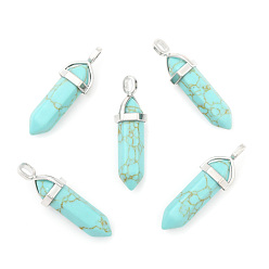 Synthetic Turquoise Synthetic Turquoise Pointed Pendants, with Platinum Tone Random Alloy Pendant Hexagon Bead Cap Bails, Bullet, 36~40x12mm, Hole: 3x4mm, Gemstone: 8mm in diameter