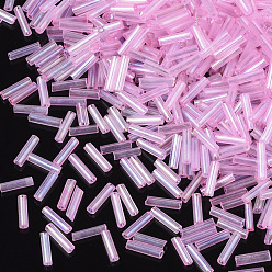 Pink Transparent Colours Rainbow Glass Bugle Beads, AB Color, Pink, 6x1.8mm, Hole: 0.6mm