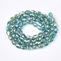 Light Sea Green Electroplate Glass Beads Strands, AB Color Plated, Faceted, Teardrop, Light Sea Green, 7.5~8x6mm, Hole: 1mm, about 66~68pcs/strand, 22.6 inch