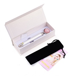 Silver Natural Rose Quartz Massage Tool Skin Care, Facial Rollers, with Plastic Findings, Silver, 156x30~31x16~26mm
