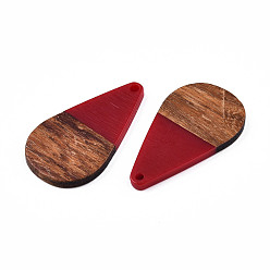 Dark Red Opaque Resin & Walnut Wood Pendants, Teardrop Shape Charm, Dark Red, 38x22x3mm, Hole: 2mm