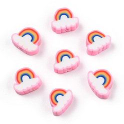 Pink Handmade Polymer Clay Beads, Rainbow & Cloud, Pink, 8.5~10.5x10~12.5x4~5mm, Hole: 1.8mm