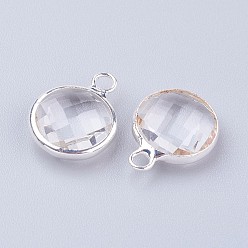 Clear Silver Color Plated Brass Glass Flat Round Charms, Faceted, Clear, 12x8.5x3mm, Hole: 1.5mm