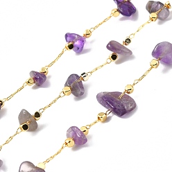 Amethyst Handmade Beaded Chain, with Brass Cable Chain & Chip Natural Amethyst Link Chain, Long-Lasting Plated, Soldered, Golden, 3~8x3~16mm, 32.80Feet/roll(10m/roll)