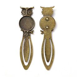 Antique Bronze Iron Bookmark Cabochon Settings, Cadmium Free & Nickel Free & Lead Free, with Alloy Tray, Flat Round with Owl, Antique Bronze, 88x23x4mm, Tray: 20mm