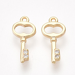 Real Rose Gold Plated Brass Cubic Zirconia Charms, Key, Nickel Free, Real 18K Gold Plated, Clear, 11x5x1mm, Hole: 0.6mm