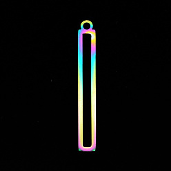 Rainbow Color 201 Stainless Steel Pendants, Laser Cut, Hollow, Rectangle/Bar, Rainbow Color, 32x4x1mm, Hole: 1.6mm