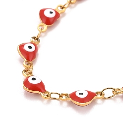 Mixed Color Enamel Heart with Evil Eye Link Chains Bracelet, Vacuum Plating 304 Stainless Steel Jewelry for Women, Golden, Mixed Color, 6-7/8 inch(17.5cm)