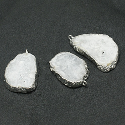 Silver Natural Geode Agate Druzy Slice Pendants, Nuggets, with Brass Findings, Silver, 18~48x28~70x6~9mm, Hole: 2mm