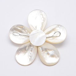 PeachPuff Natural White Shell Mother of Pearl Shell Flower Big Pendants, with Platinum Plated Brass Findings and Pearl Beads, PeachPuff, 43x46x14mm, Hole: 4x7mm