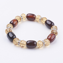 Colorful Natural Agate and Glass Stretch Bracelets, with Brass Rhinestone Findings, Colorful, 2 inch(51mm)