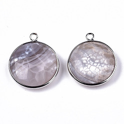 Light Grey Natural Fire Agate Pendants, with Platinum Plated Brass Findings, Dyed & Heated, Flat Round, Light Grey, 27~28x23~24x7~9.5mm, Hole: 2mm