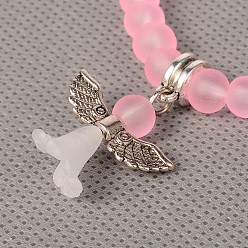 Pink Stretchy Frosted Glass Beads Kids Charm Bracelets for Children's Day, with Tibetan Style Acrylic Findings, Lovely Wedding Dress Angel Dangle, Antique Silver, Pink, 40mm