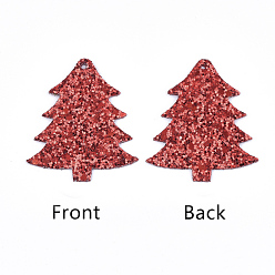 Красный Большие кожаные подвески, с блестками блестками / пайеткой, рождественская елка, красные, 55x47x2 мм, отверстие : 1.6 мм