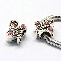 Rose Clair Perles européennes en strass d'alliage , Perles avec un grand trou   , papillon, argent antique, rose clair, 12x11x8mm, Trou: 5mm
