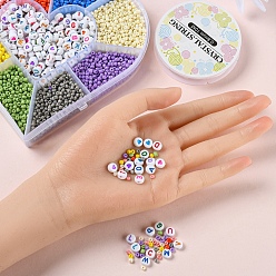 Mixed Color DIY Letter & Seed Beads Bracelet Making Kit, Including 8/0 Baking Paint Glass Seed Beads, Flat Round Acrylic Beads and Elastic Crystal Thread, Mixed Color, Beads: 3845pcs/box