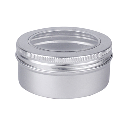 Platinum 150ml Round Aluminium Tin Cans, Aluminium Jar, Storage Containers for Jewelry Beads, Candies, with Screw Top Lid and Clear Window, Platinum, 8.3x3.8cm, Capacity: 150ml(5.07 fl. oz)