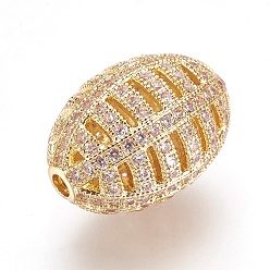 Golden Brass Micro Pave Cubic Zirconia Beads, Sports Beads, Rugby, Clear, Golden, 17x11.5mm, Hole: 1.5mm