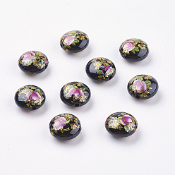 Black Flower Printed Resin Beads, Flat Round, Black, 16.5x9mm, Hole: 2mm