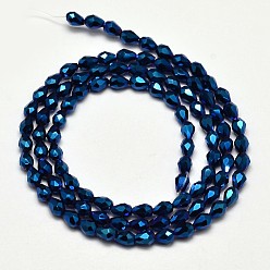 Blue Plated Faceted Teardrop Full Plated Electroplate Glass Beads Strands, Blue Plated, 5x3mm, Hole: 1mm, about 100pcs/strand, 17.7 inch~19.6 inch