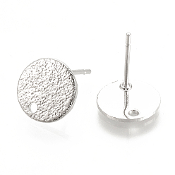 Real Platinum Plated Hammered Brass Stud Earring Findings, Flat Round, Nickel Free, Real Platinum Plated, 10mm, Hole: 1mm, Pin: 0.6mm