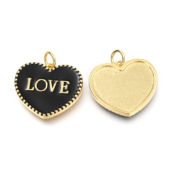 Black Brass Enamel Pendants, Long-Lasting Plated, Real 18K Gold Plated, with Jump Rings, for Valentine's Day, Heart with Word LOVE, Black, 17.5x20x2.5mm, Hole: 3mm