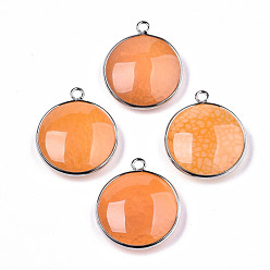 Dark Orange Natural Crackle Agate Pendants, with Platinum Plated Brass Findings, Dyed & Heated, Flat Round, Dark Orange, 27~28x23~24x7~9.5mm, Hole: 2mm