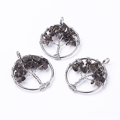 Smoky Quartz Natural Smoky Quartz Pendants, with Brass Findings, Flat Round with Tree of Life, Platinum, 29x5~7mm, Hole: 4.5mm