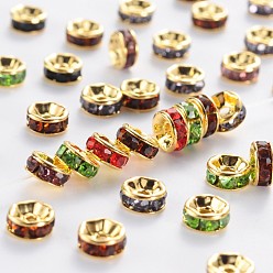 Mixed Color Brass Grade A Rhinestone Spacer Beads, Golden Plated, Rondelle, Nickel Free, Mixed Color, 6x3mm, Hole: 1mm