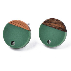 Vert Mer Conclusions de boucles d'oreilles en résine opaque et bois de noyer, 304 avec tige en acier inoxydable, plat rond, vert de mer, 14mm, Trou: 1.8mm, pin: 0.7 mm