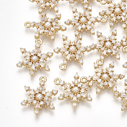 Real 18K Gold Plated Brass Cubic Zirconia Pendants, with ABS Plastic Imitation Pearl, Snowflake, Real 18K Gold Plated, 17x13x3mm, Hole: 1.2mm