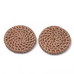 BurlyWood Handmade Reed Cane/Rattan Woven Beads, For Making Straw Earrings and Necklaces, No Hole/Undrilled, Flat Round, BurlyWood, 35~40x4~6mm