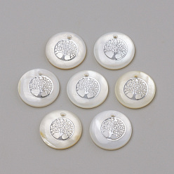 Platinum Freshwater Shell Pendants, Flat Round & Tree, Platinum, 16x3.5~4mm, Hole: 1.2mm