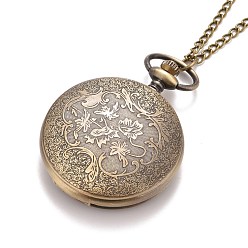 Antique Bronze Retro Alloy Flat Round with Triangle Pendant Pocket Watches, Quartz Watch, with Iron Chain and Lobster Claw Clasps, Antique Bronze, 31.4 inch, Watch: 59x47x17mm