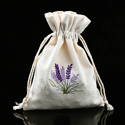 Linen Cotton Canvas Drawstring Gift Bags, with Flowers Pattern Embroider, for Jewelry & Baby Showers Packaging Wedding Favor Bag, Linen, 17~18x12~13x0.3cm