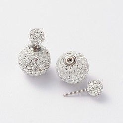 001_Crystal Double Austrian Crystal Ball Ear Studs, with 925 Sterling Silver Pins and Brass Findings, 001_Crystal, 6~12mm, Pin: 0.7mm