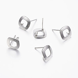 Stainless Steel Color 304 Stainless Steel Stud Earring Findings, with Loop, Square, Stainless Steel Color, Pin: 0.8mm, 9.5x9.5x1mm, Hole: 2mm