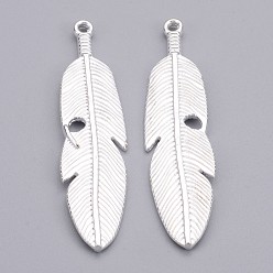 Silver Tibetan Style Alloy Feather Big Pendants, Lead Free & Cadmium Free, Silver, 61x15x3mm, Hole: 2mm