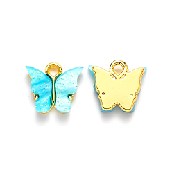 Cyan Alloy Pendants, with Resin and Glitter Powder, Cadmium Free & Lead Free, Butterfly, Golden, Cyan, 13x13~15x3.5mm, Hole: 2mm
